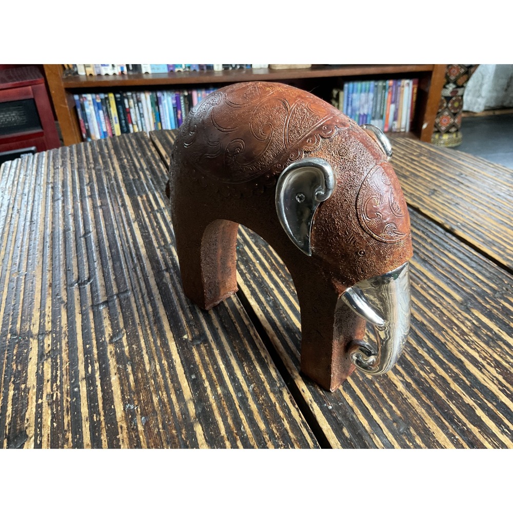 Ornate Brown and Silver Elephant Figurine Embossed Scroll Decorative Statue